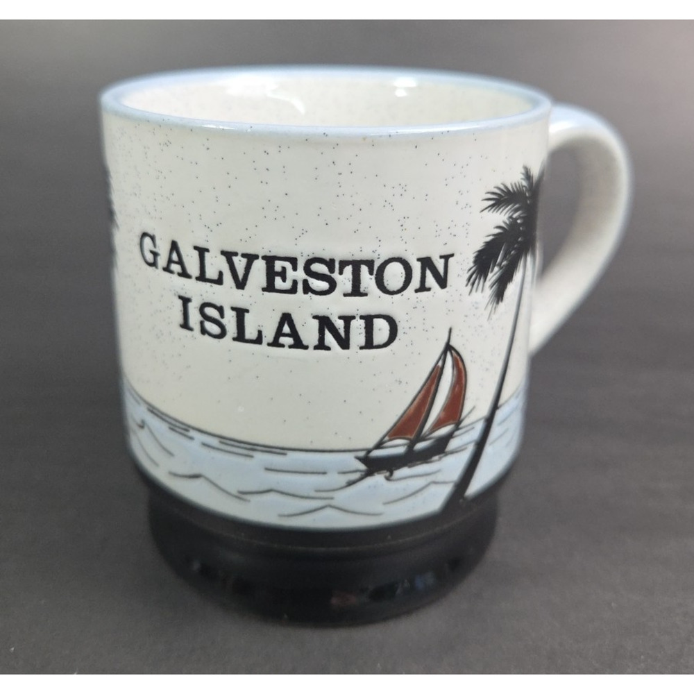 Galveston Island Speckled Stoneware Coffee Mug Cup 10 oz Blue Embossed Sailboat